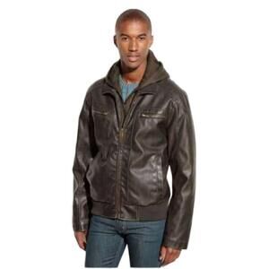 Sean John Vegan Leather Hooded Bomber Jacket Black Medium Full Zip Warm